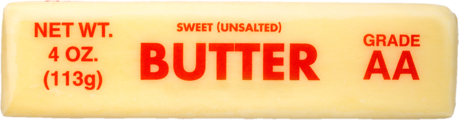 A 4 oz. slender butter stick, lying flat