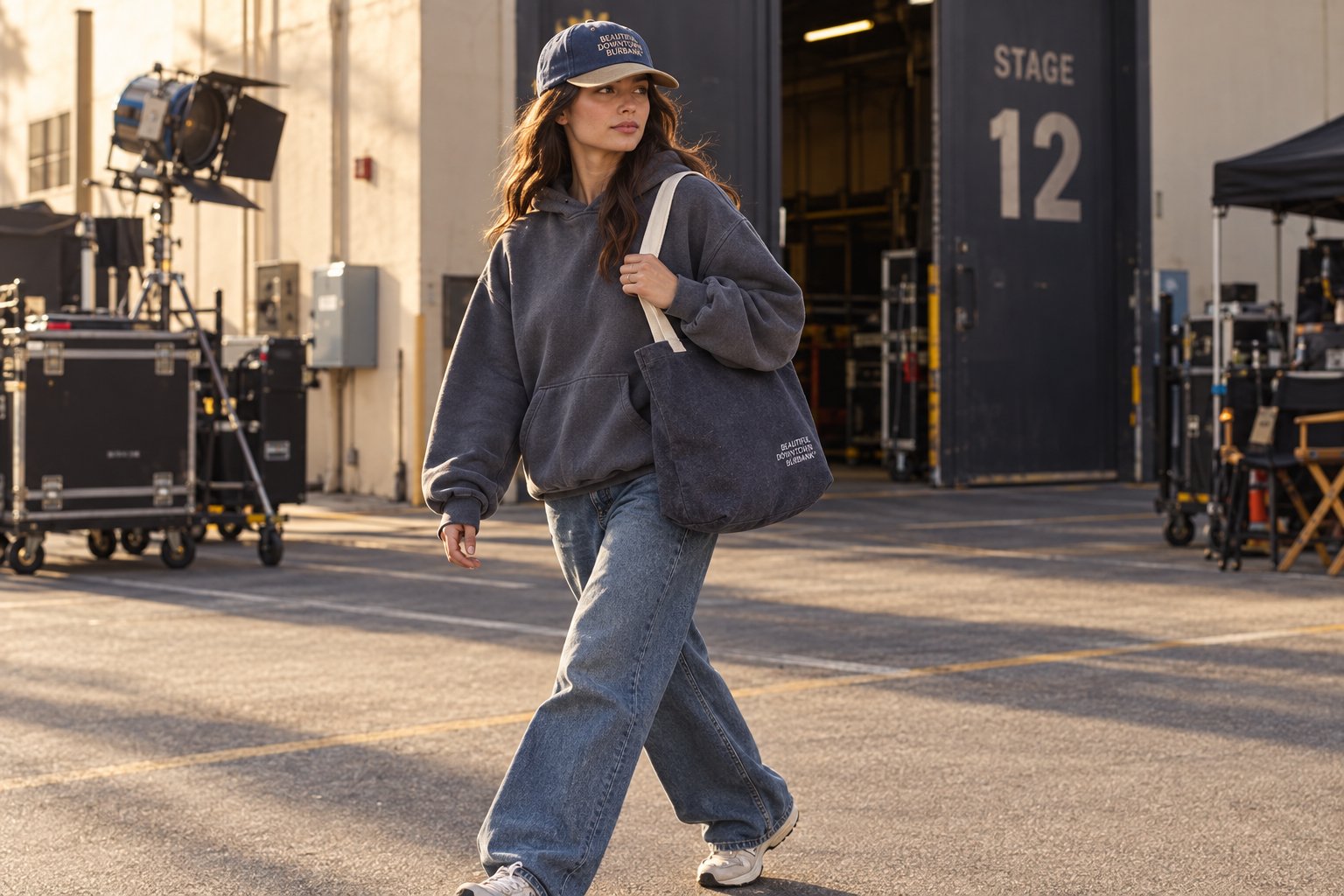 A woman in a Beautiful Downtown Burbank cap with a denim BDB tote walking past Stage 12 on a studio lot