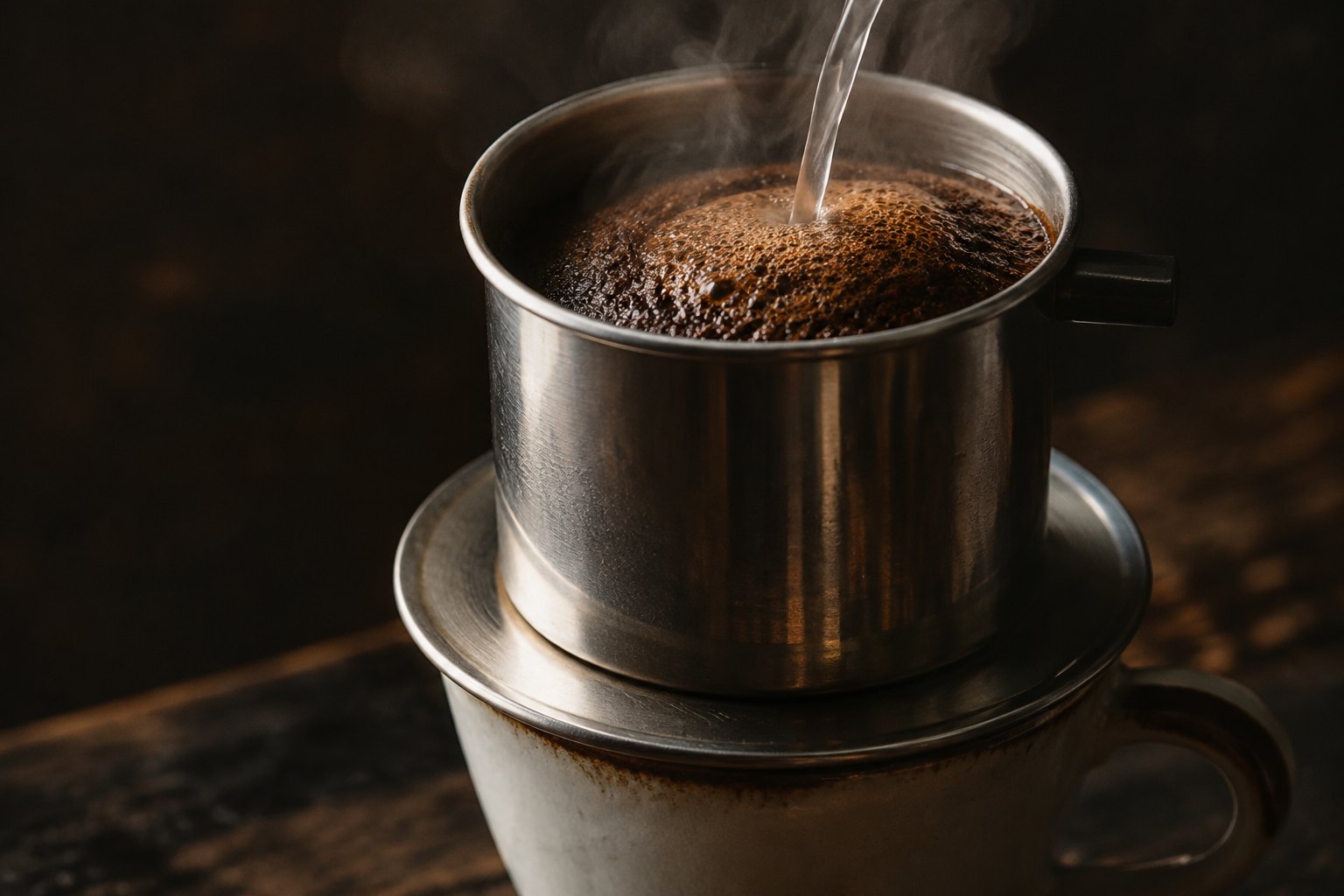 Hot water poured into a Vietnamese phin filter over a cup
